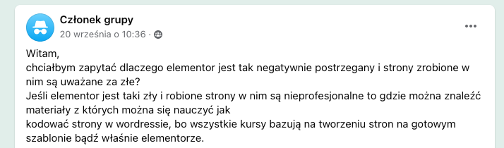 Fragment dyskusji z grupy WordPress Polska (Facebook) na temat Elementora